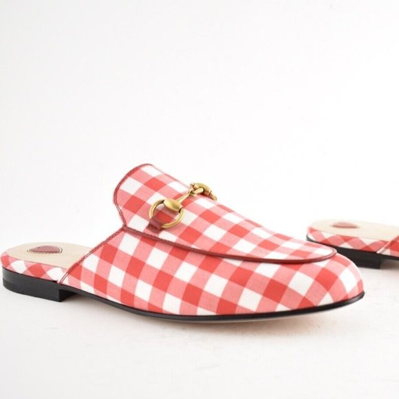 Gucci Princetown Red White Gingham Plaid Slide Loafer Mule Slipper Flat 38.5 - Picture 1 of 7